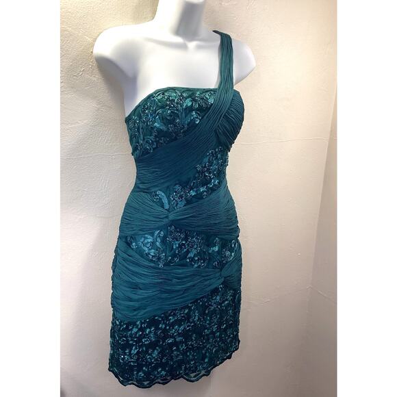 Sue Wong Emerald Green One Shoulder Sequins Mini Cocktail Formal Evening Dress 4 - Picture 4 of 7